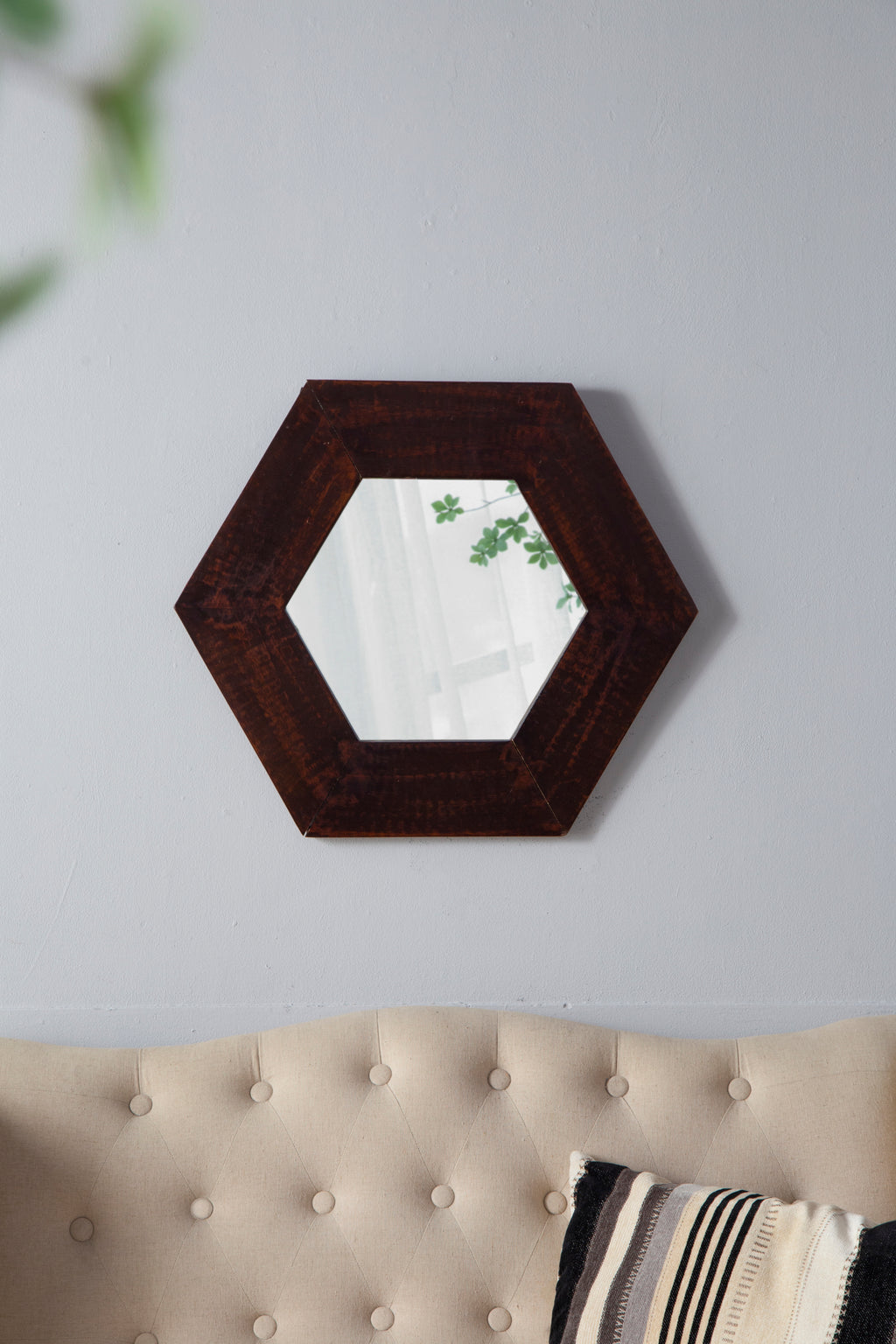 Leoglint 18.5" x 18.5" Hexagon Mirror with Solid Wood Frame, Wall Decor for Living Room Bathroom Hallway, Dark Brown