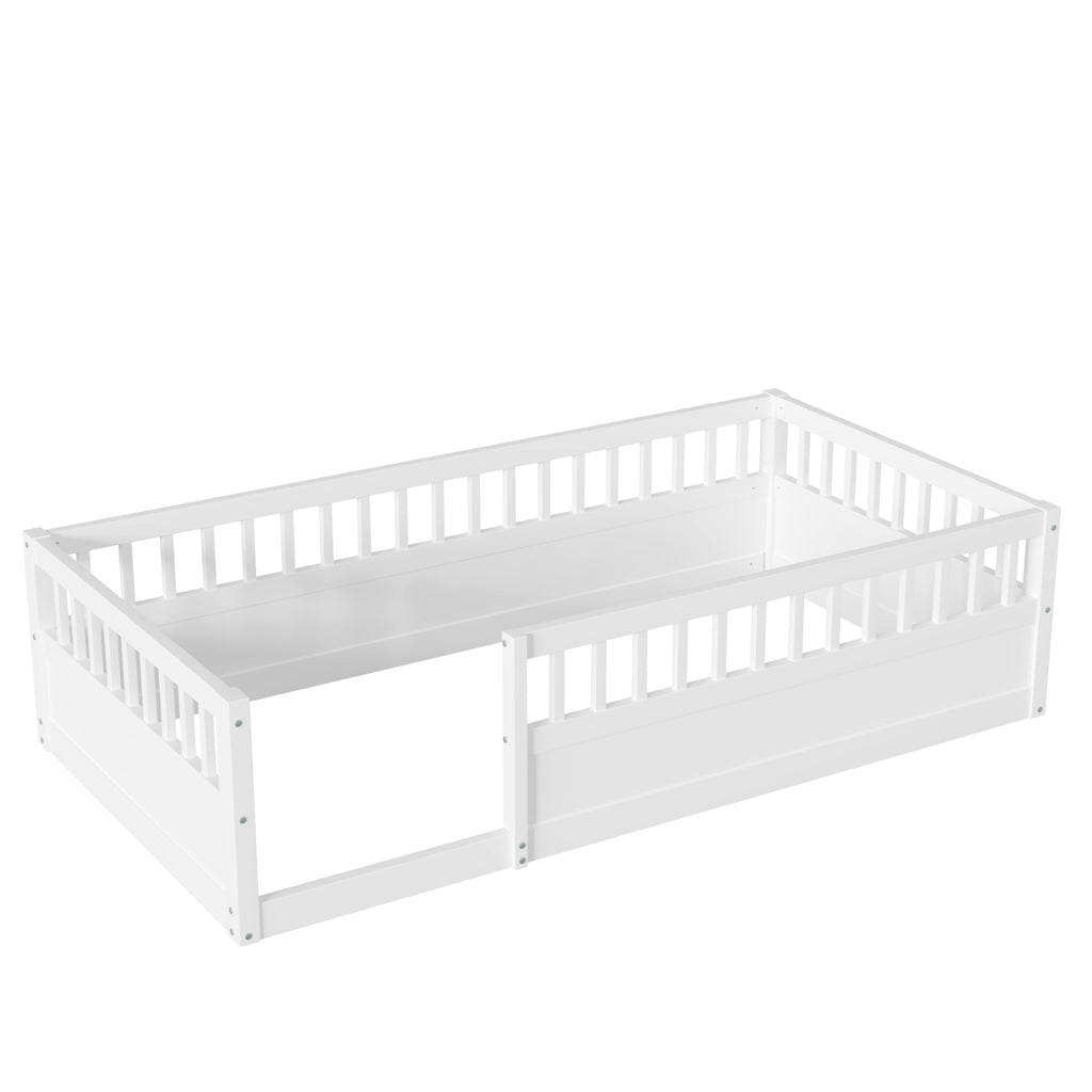 Twin Floor Bed Frame with Fence, Wood Kids Floor Beds Frame for Bedroom Playroom,White(Expect arrive date Jun. 21st)