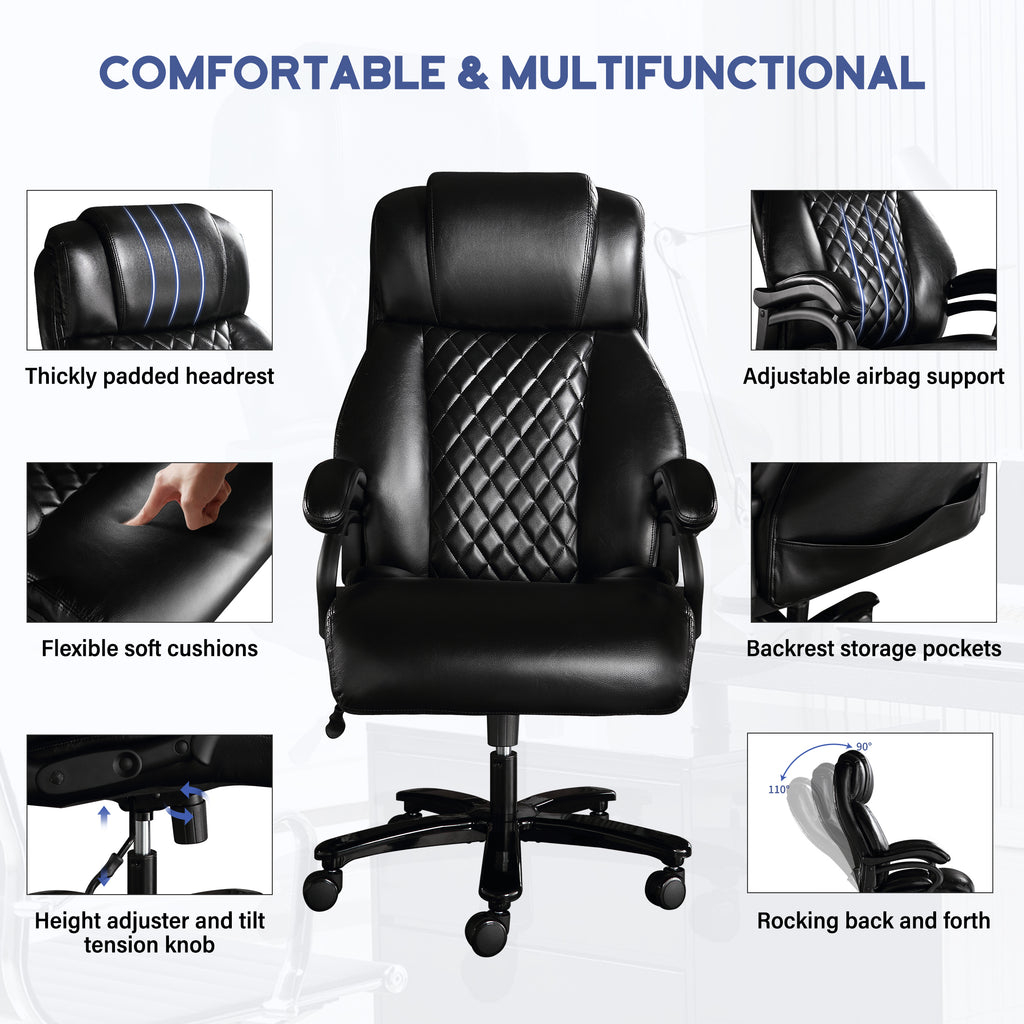 Leoglint Big and Tall Office Chair, 500lbs High Back Large Executive Chair with Electric Airbag Heating High Back Computer Chair with Wide Seat, Black Ergonomic Leather Rocking Chair