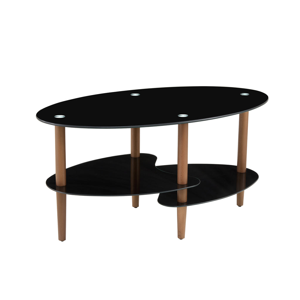 Leoglint Black Oval glass coffee table, modern table in living room Oak wood leg tea table 3-layer  tempered glass table