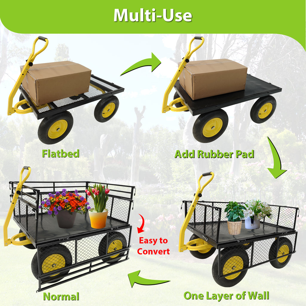 Leoglint Steel Garden Cart, Heavy Duty 1400 lbs Capacity, with Removable Mesh Sides to Convert into Flatbed, Utility Metal Wagon with 2-in-1 Handle and 16 in Tires, Perfect for Garden, Farm, Yard