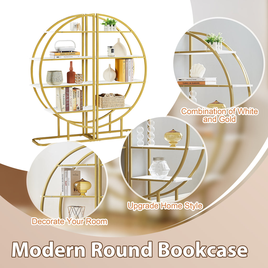 Leoglint 4 Tiers Home Office Open Bookshelf, Round Shape, Different Placement Ways, MDF Board, Gold Metal Frame, White