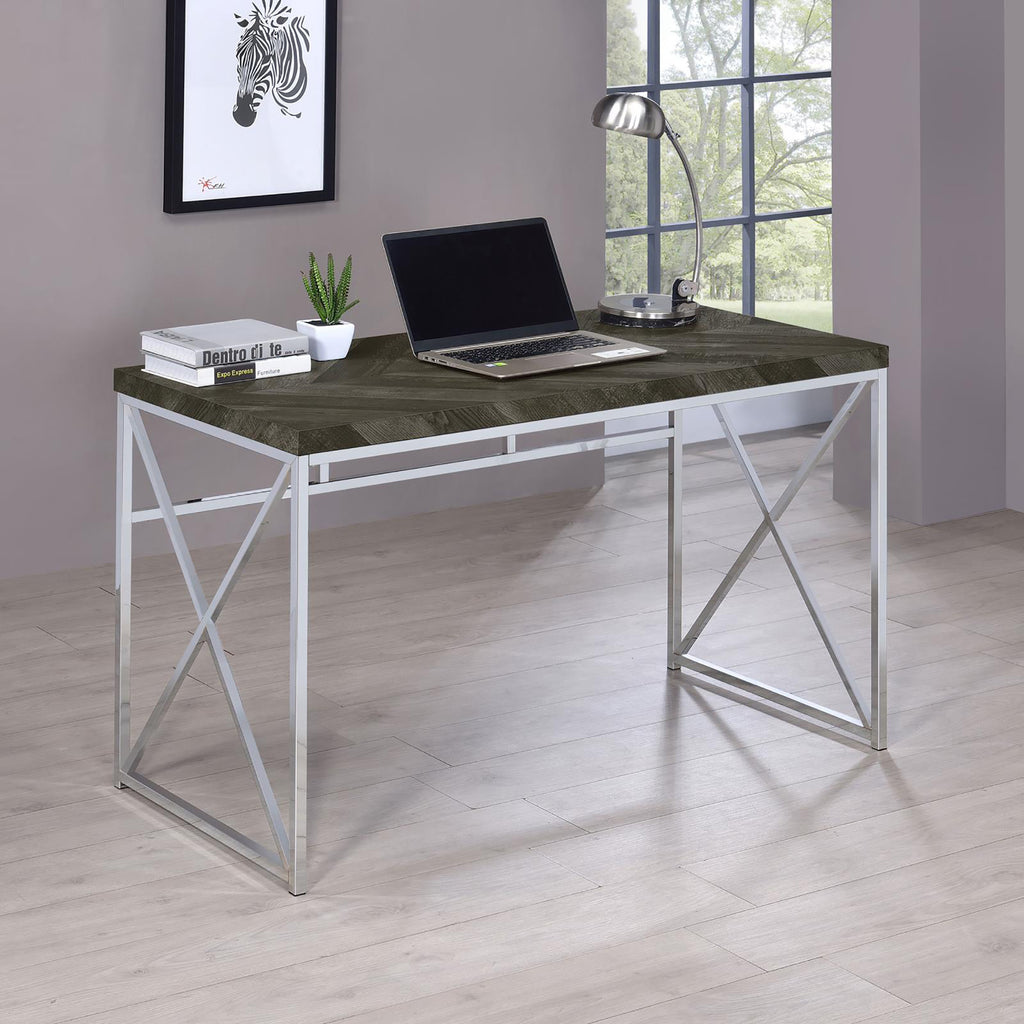 Leoglint Rustic Grey Herringbone and Chrome Writing Office Desk