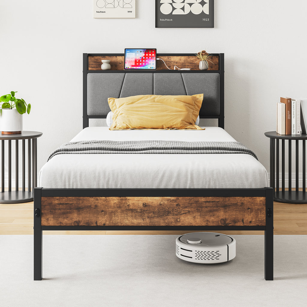 Leoglint Twin Size Bed Frame, Storage Headboard with Charging Station, Solid and Stable, Noise Free, No Box Spring Needed, Easy Assembly