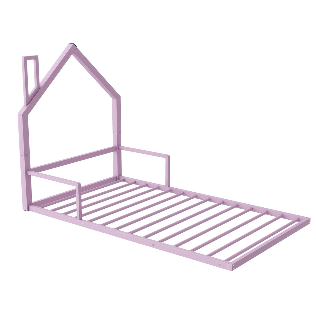 Leoglint Twin Size Metal Floor Bed  Frame with House-shaped Headboard, Pink