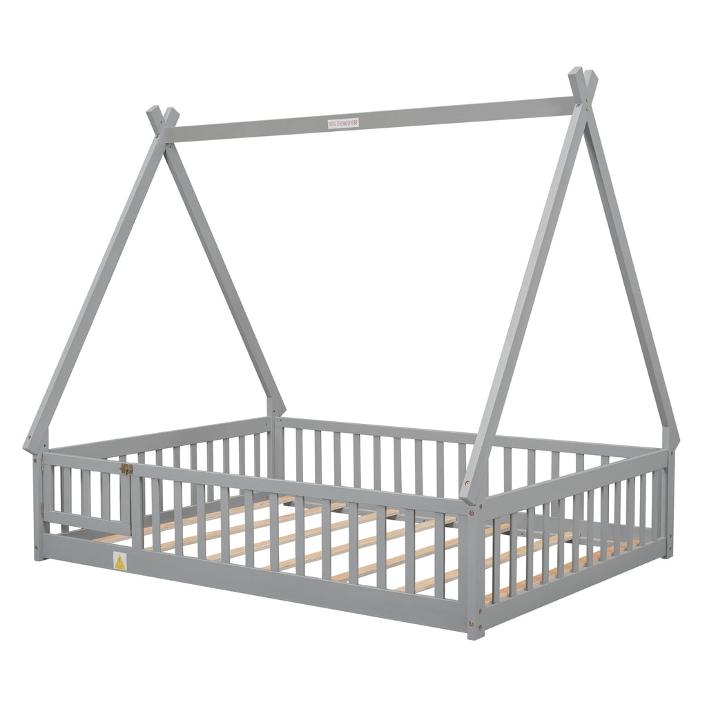 Leoglint Full Tent-shaped Floor Bed Frame, with Guardrails, Slats, Door ,Grey