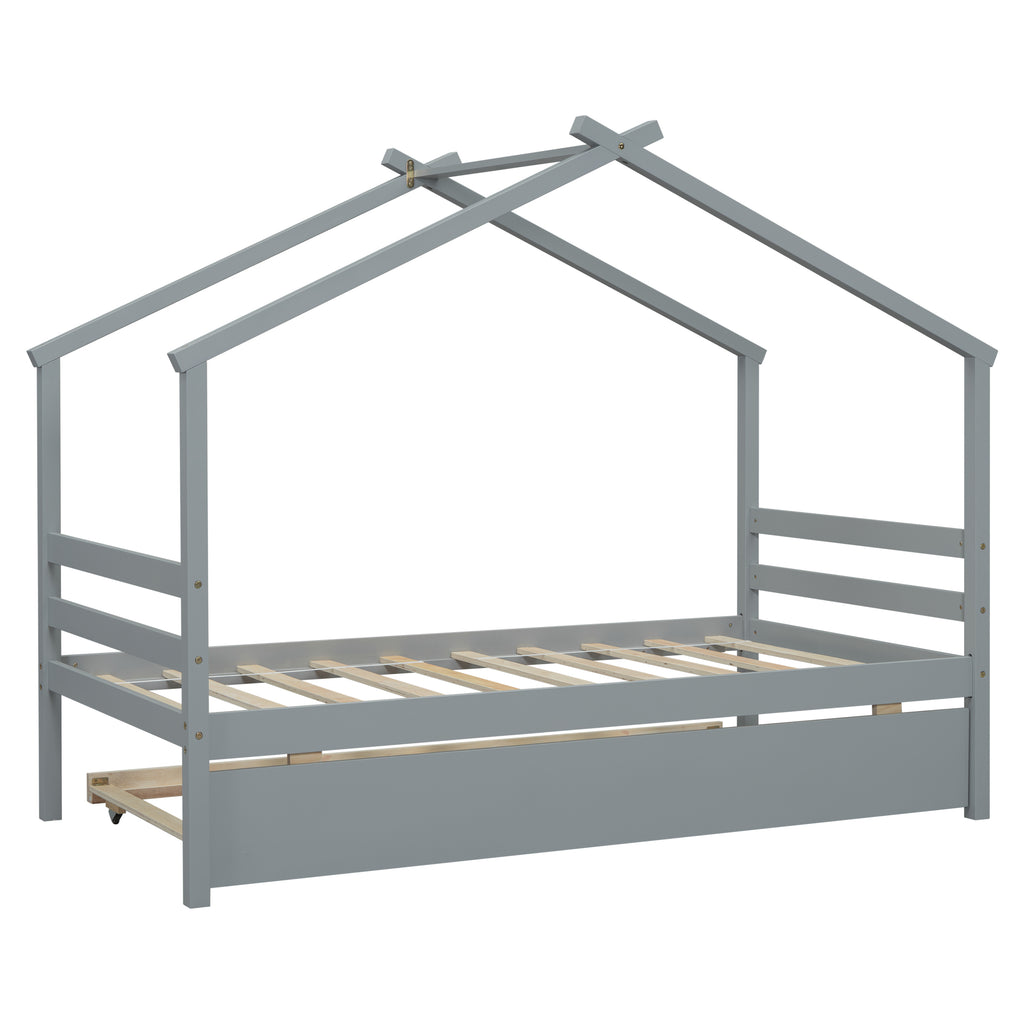 Leoglint Twin Size  House-shaped Bed Frame with Trundle,Grey