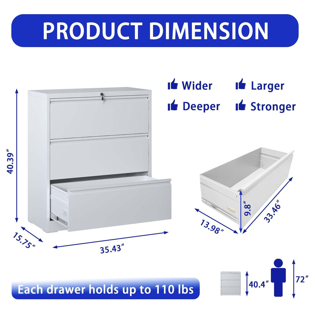 Leoglint Lateral File Cabinet 3 Drawer, White Filing Cabinet with Lock, Lockable File Cabinet for Home Office, Locking Metal File Cabinet for Legal/Letter/A4/F4 Size