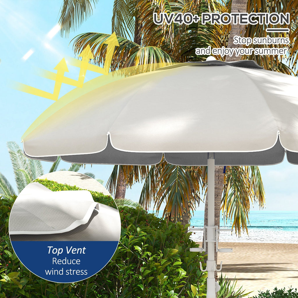 Leoglint 5.7' Portable Beach Umbrella with Tilt, Adjustable Height, 2 Cup Holders & Hooks, UV 40+ Ruffled Outdoor Umbrella with Vented Canopy, Cream White