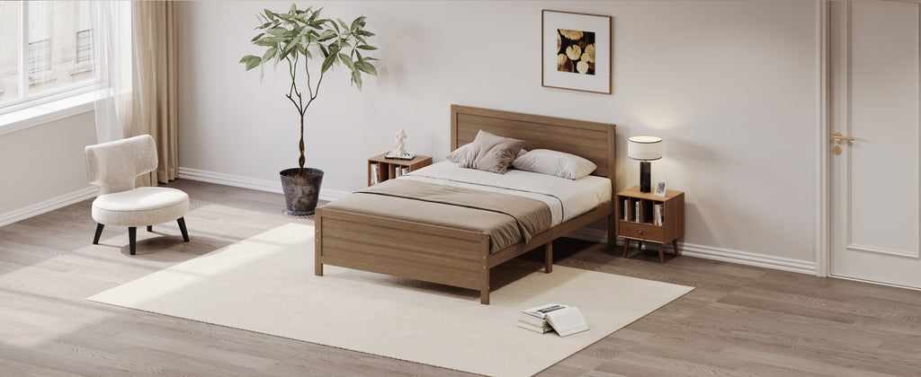 Leoglint Wood Platform Bed Frame with Headboard, Mattress Foundation with Wood Slat Support, No Box Spring Needed, Queen Size, Walnut