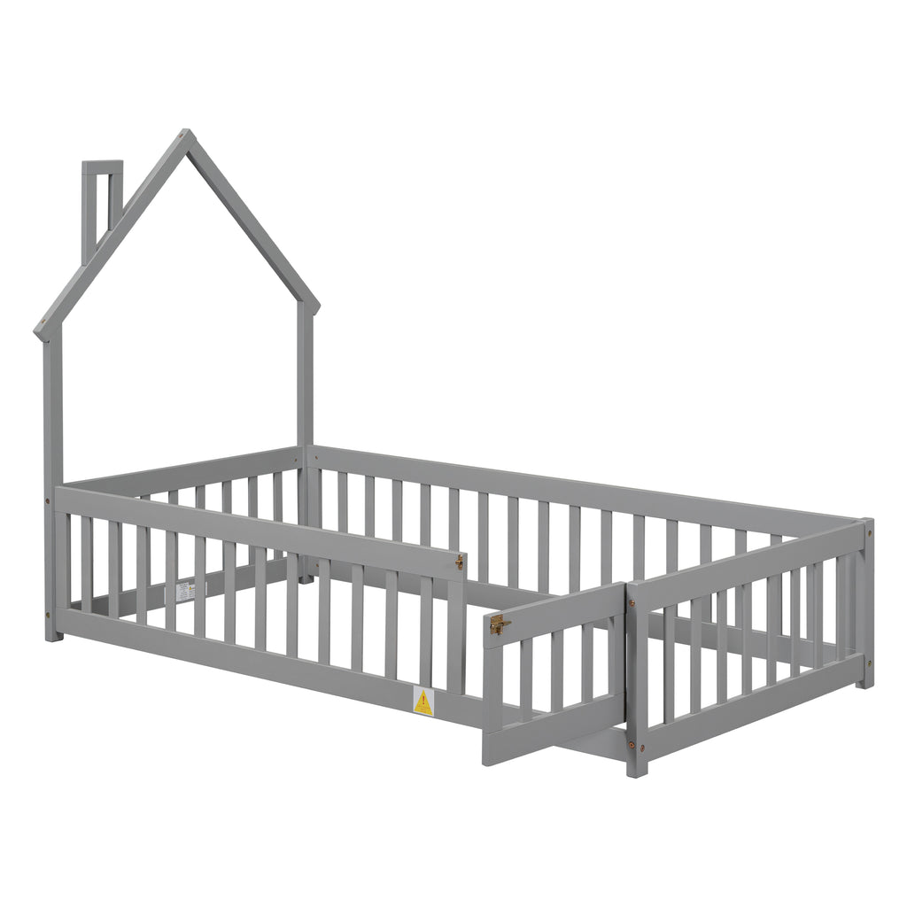 Twin House-Shaped Headboard Floor Bed Frame with Fence,Grey