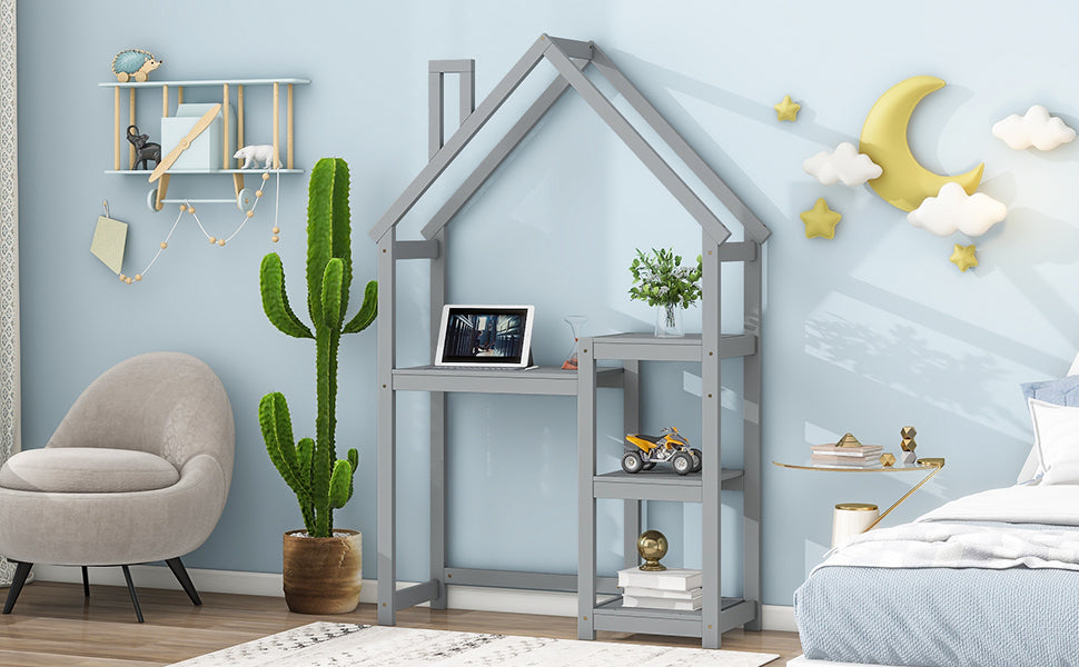 Leoglint House-shaped Wooden writing Desk,Kids study Table,Bookshelf & Toy Storage,Grey