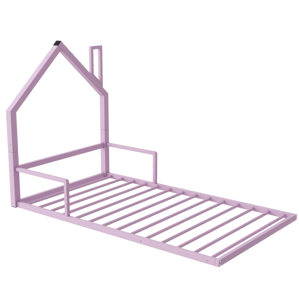 Leoglint Twin Size Metal Floor Bed  Frame with House-shaped Headboard, Pink