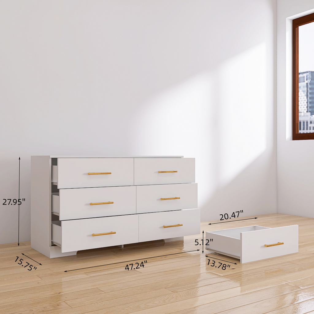 Leoglint Drawer Chest White color Large 6 drawers chest of drawer dressers table with golden handle