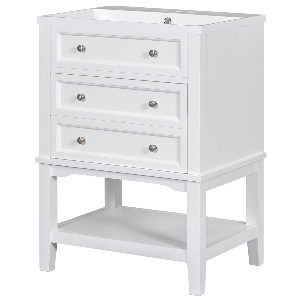 Leoglint 24" Bathroom Vanity With Sink, Bathroom Storage Cabinet with Drawer and Open Shelf, Solid Wood Frame, White