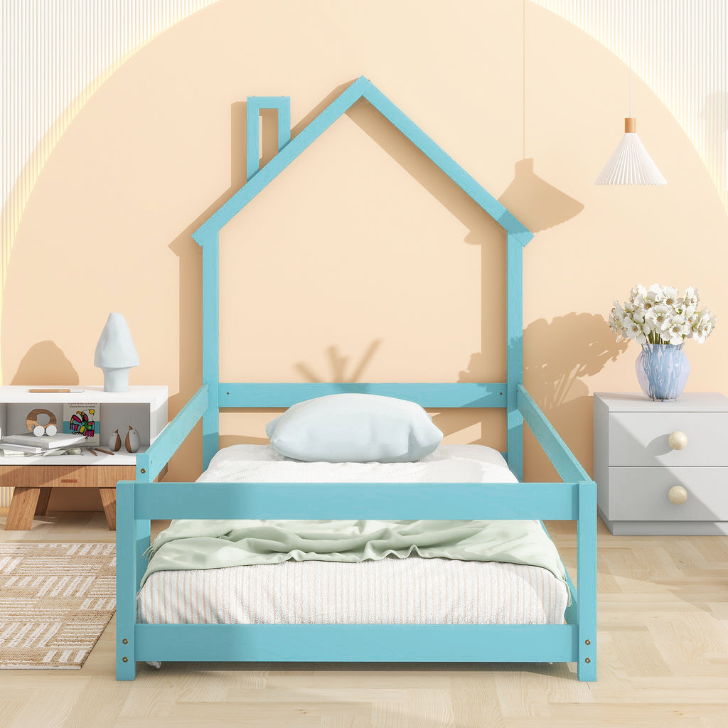 Leoglint Twin Size Wood bed Frame with House-shaped Headboard Floor bed with Fences,Light Blue