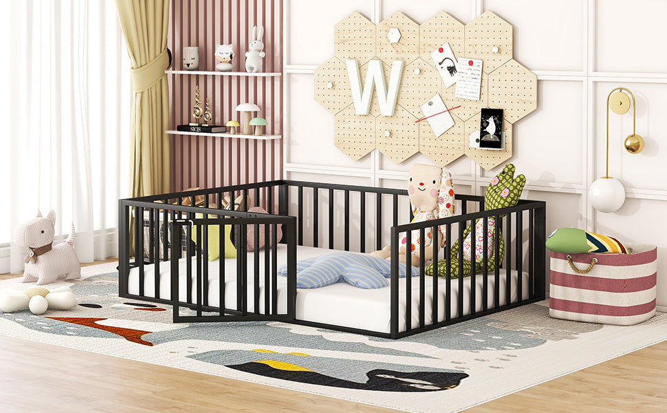 Leoglint Full Size Metal Floor Bed Frame with Fence and Door, Black