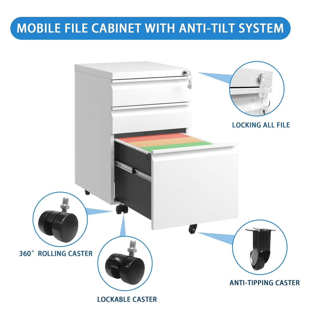 Leoglint 3 Drawer Mobile File Cabinet with Lock,Metal Filing Cabinets for Home Office Organizer Letters/Legal/A4,Fully Assembled,White