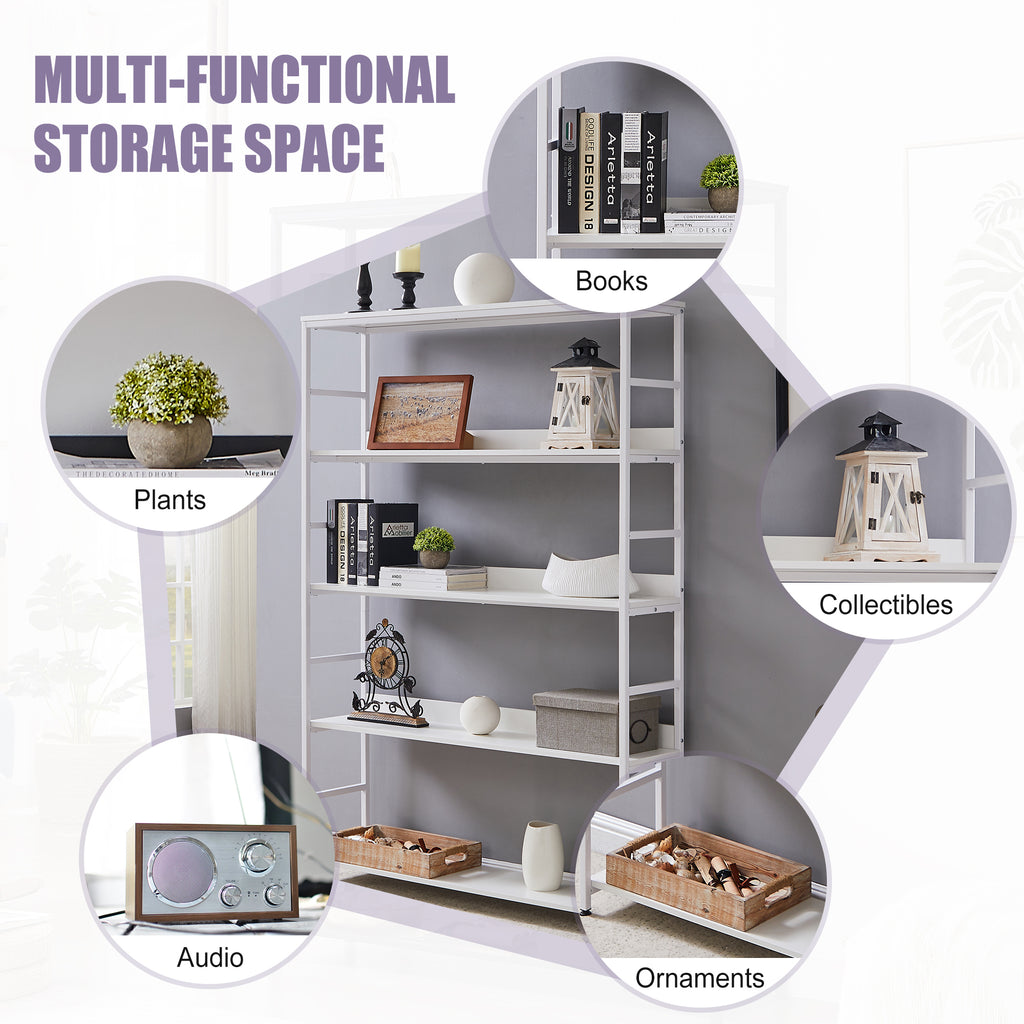 Leoglint [VIDEO] 5-Tier Home Office Bookcase Open Bookshelf Storage Large 5 Shelf Bookshelf Furniture with Metal Frame, White