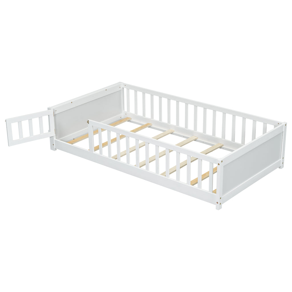 Leoglint Twin size Floor Platform Bed Frame with Built-in Book Storage Rack, Door,White