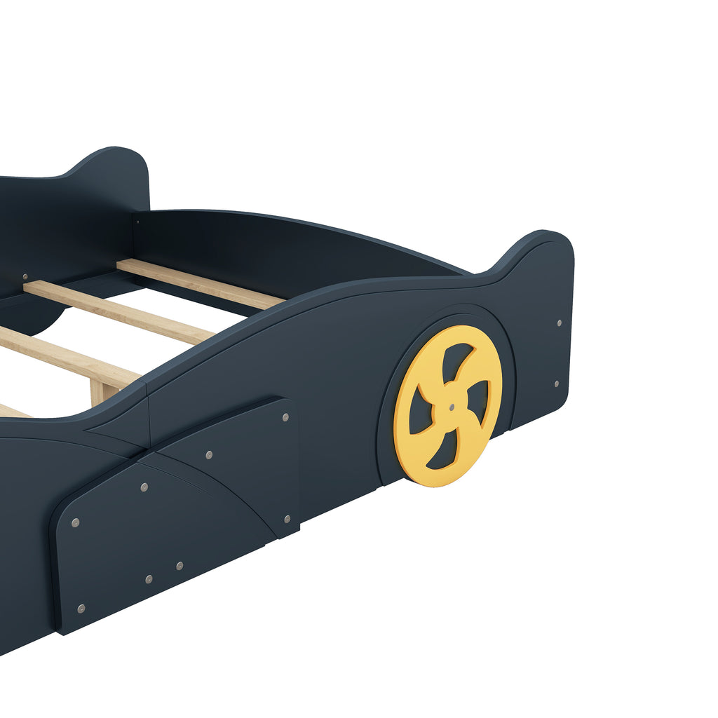 Leoglint Bed Frame Full Size Race Car-Shaped Platform Bed with Wheels and Storage, Dark Blue+Yellow