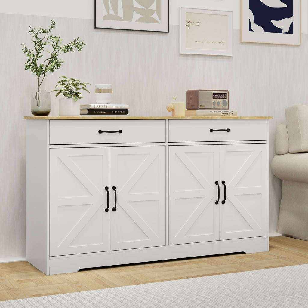 Leoglint 55.91" Large Farmhouse Buffet Cabinet Storage Sideboard with 2 Drawers and 4 Doors for Dining Living Room Kitchen Cupboard-White