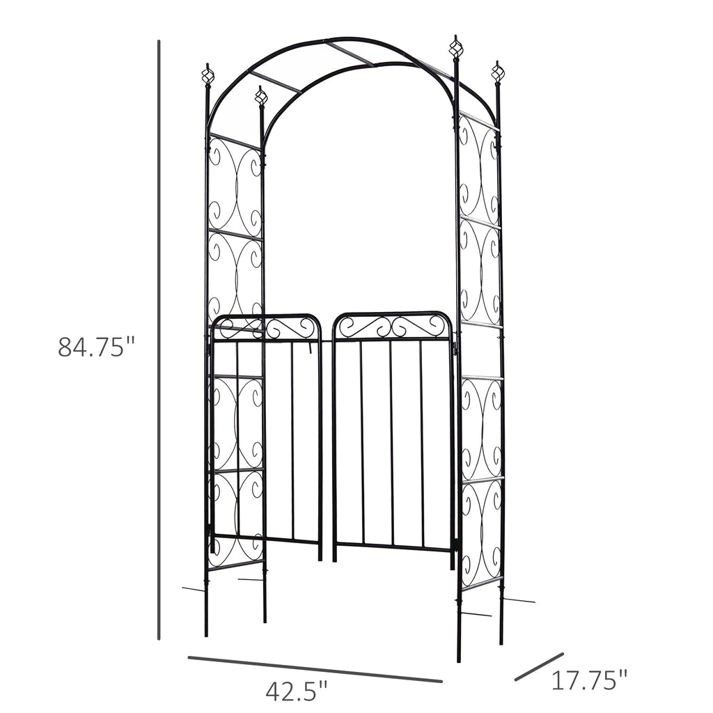 Leoglint 84" Garden Trellis Arch Arbor with Gate, Metal Arch Trellis, Garden Archway for Climbing Vines, Wedding Ceremony Decoration, Flourishes & Arrow Tips, Black