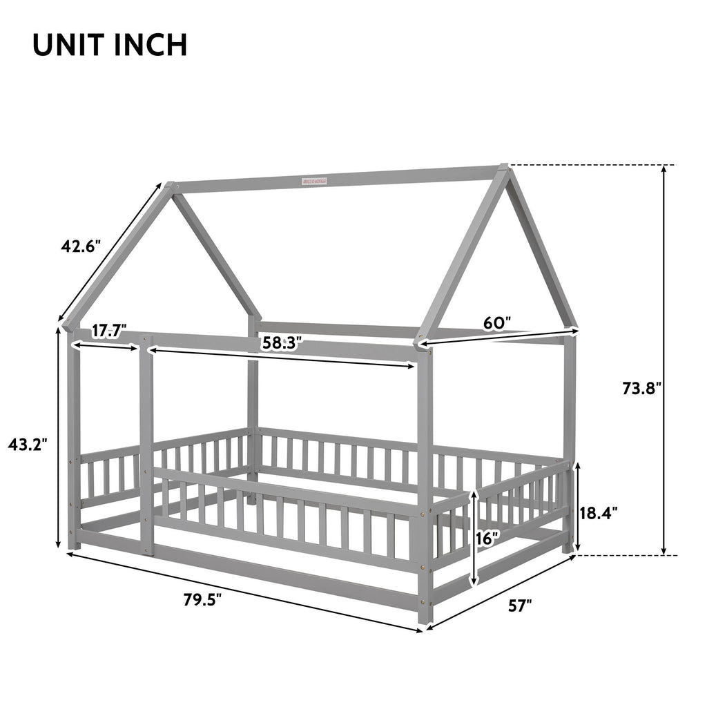 Leoglint Bed Frame Full Size Floor Wooden Bed with House Roof Frame, Fence Guardrails ,Grey