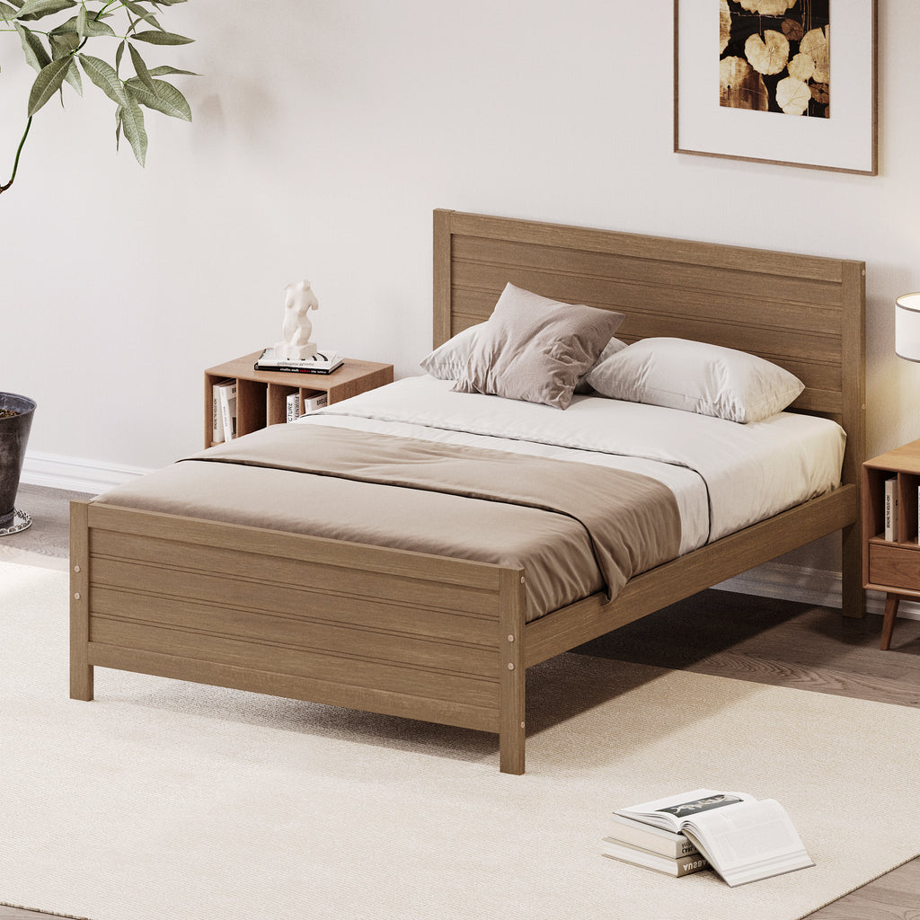 Leoglint Wood Platform Bed Frame with Headboard, Mattress Foundation with Wood Slat Support, No Box Spring Needed, Full Size, Walnut