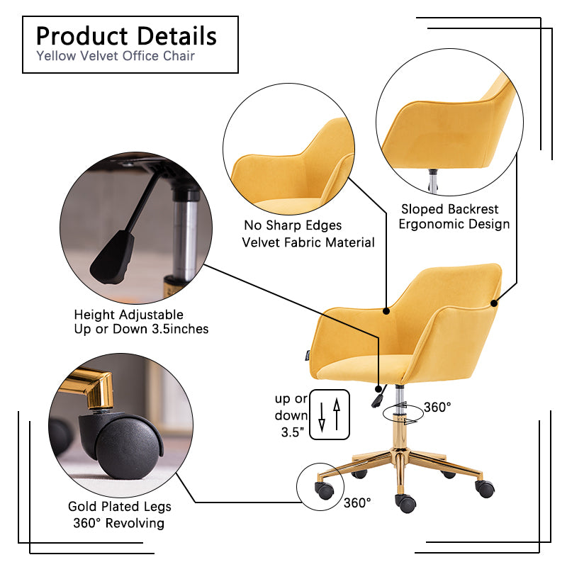 Leoglint Modern Velvet Fabric Material Adjustable Height 360 Revolving Home Office Chair With Gold Metal Legs And Universal Wheels For Indoor,Yellow