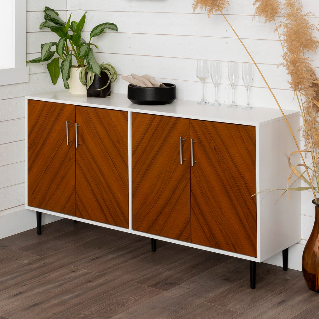 Leoglint Sideboard Mid-Century Modern Faux-Bookmatch Door Buffet - White/Teak