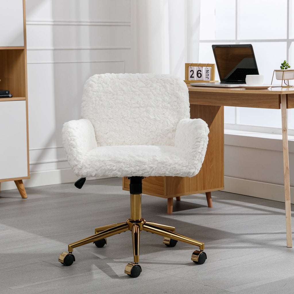 Leoglint A&A Furniture Office Chair,Artificial rabbit hair Home Office Chair with Golden Metal Base,Adjustable Desk Chair Swivel Office Chair,Vanity Chair(Beige)