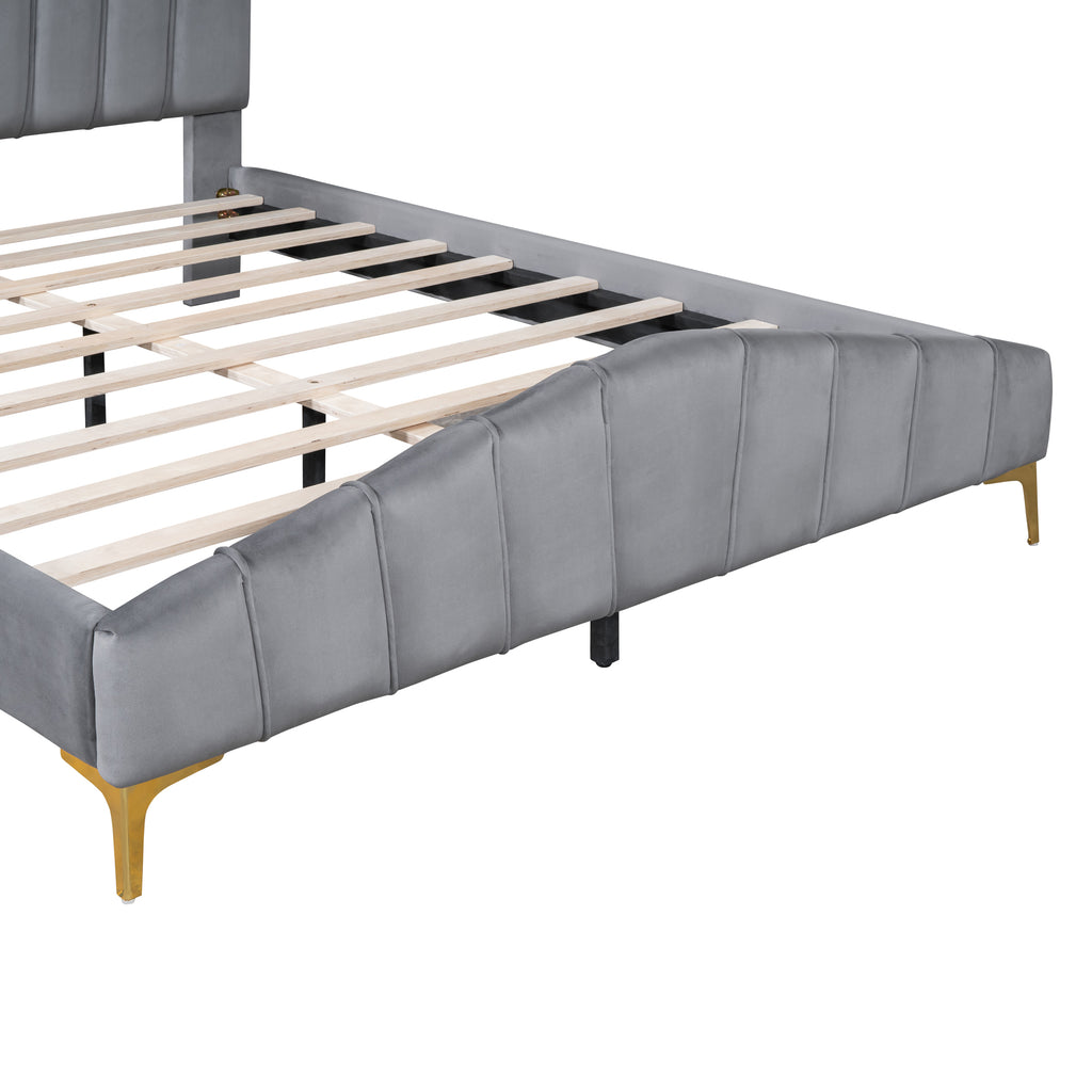 Queen Size Velvet Platform Bed Frame with Thick Fabric, Stylish Stripe Decorated Bedboard and Elegant Metal Bed Leg, Gray