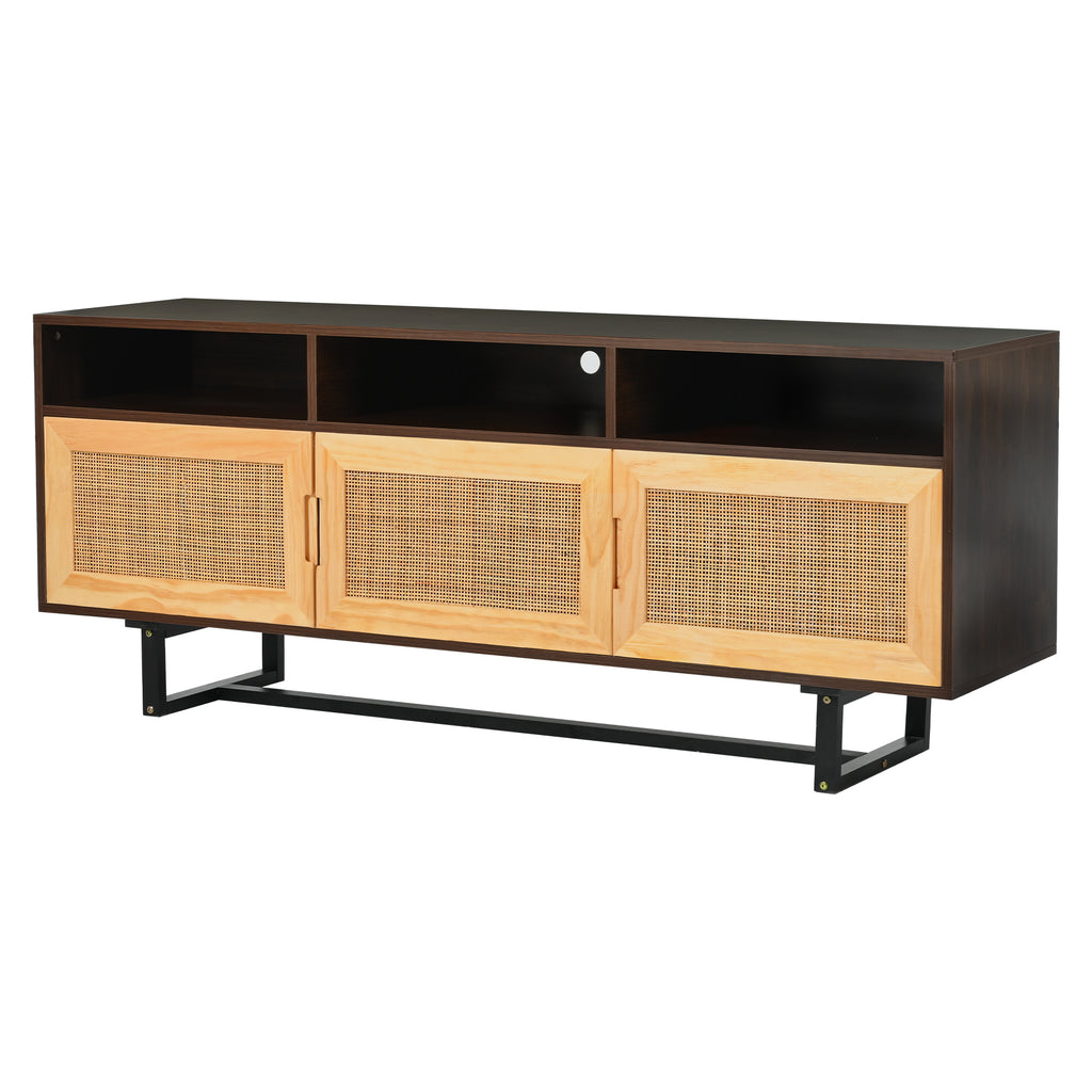 Leoglint TREXM Retro Rattan TV Stand 3-door Media Console with Open Shelves for TV Stand under 75''(Walnut)