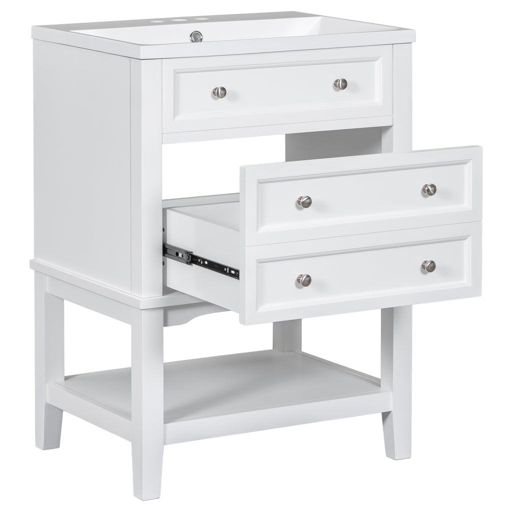 Leoglint 24" Bathroom Vanity With Sink, Bathroom Storage Cabinet with Drawer and Open Shelf, Solid Wood Frame, White