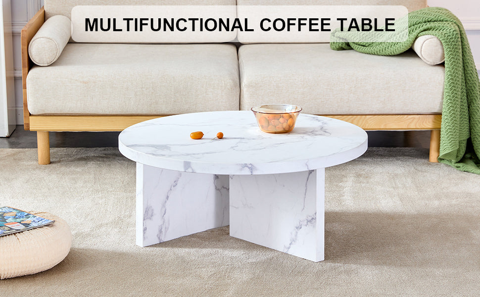 Leoglint A white MDF material circular patterned coffee table, a 31.4-inch white center table, modern coffee table, suitable for small spaces and living rooms.