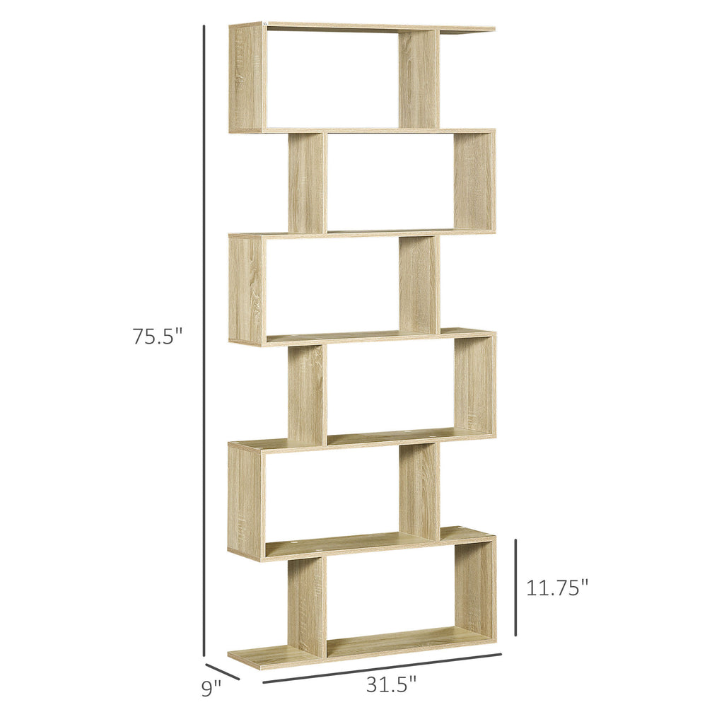 Leoglint 75.5"H Bookcase 6 Shelf S-Shaped Bookshelf Wooden Storage Display Stand Shelf Organizer Free Standing Oak