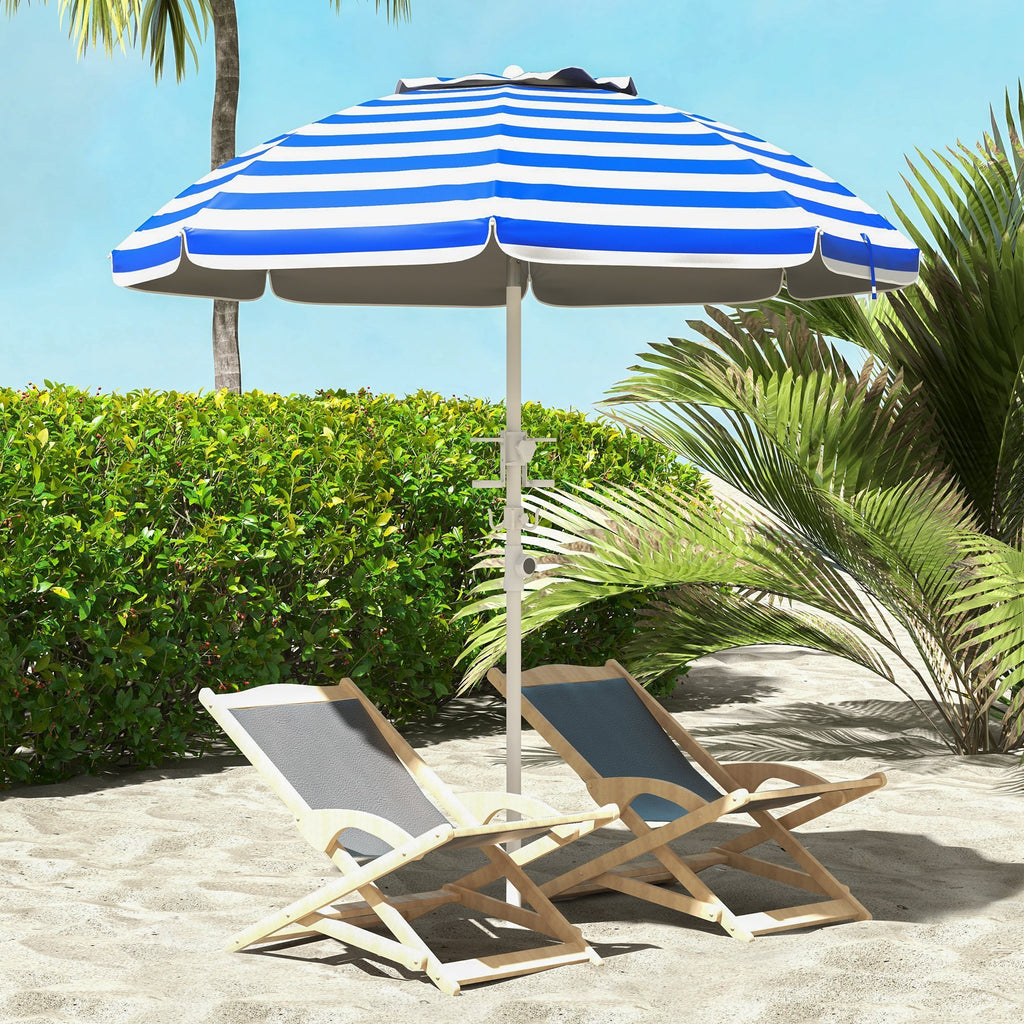 Leoglint 5.7' Portable Beach Umbrella with Tilt, Adjustable Height, 2 Cup Holders & Hooks, UV 40+ Ruffled Outdoor Umbrella with Vented Canopy, Blue White Stripe