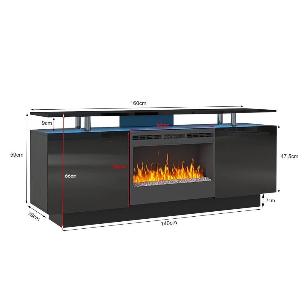 Leoglint Black 160CM large TV stand cabinet with fireplace can heating change color 9 models 8 levels have LED Light