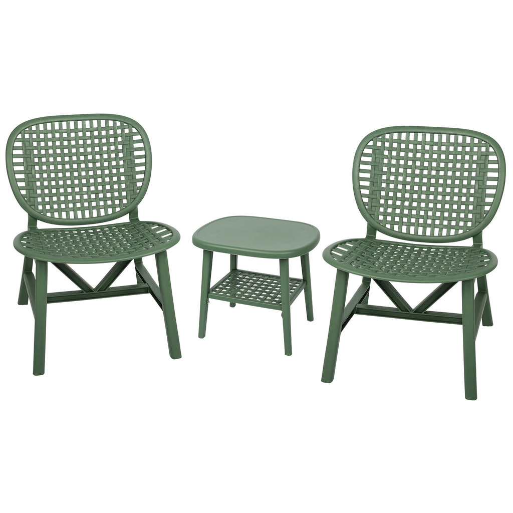 Leoglint 3 Pieces Hollow Design Retro Patio Table Outdoor Chair Set All Weather Conversation Bistro Set Outdoor Table with Open Shelf and Lounge Chairs with Widened Seat for Balcony Garden Yard  Green