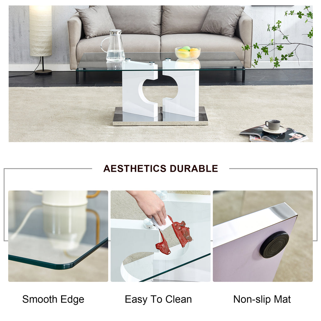 Leoglint A rectangular modern and fashionable coffee table with tempered glass tabletop and white MDF legs. Suitable for living room.47.2"*25.5"*18"