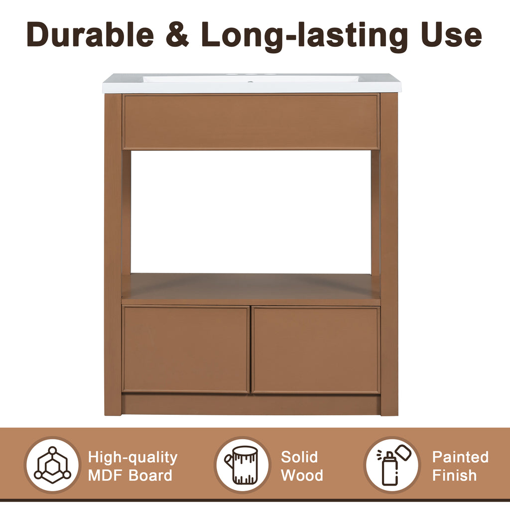 Leoglint 30" Bathroom Vanity without Sink Top, Cabinet Base Only, Open Storage Shelf and Two Drawers, Brown