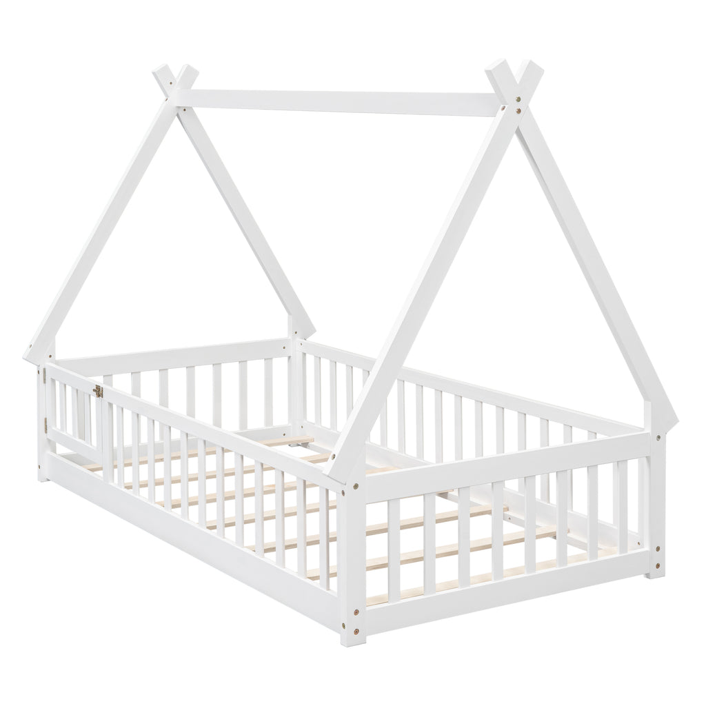 Leoglint Twin Tent-shaped Floor Bed Frame, with Guardrails, Slats, Door ,White