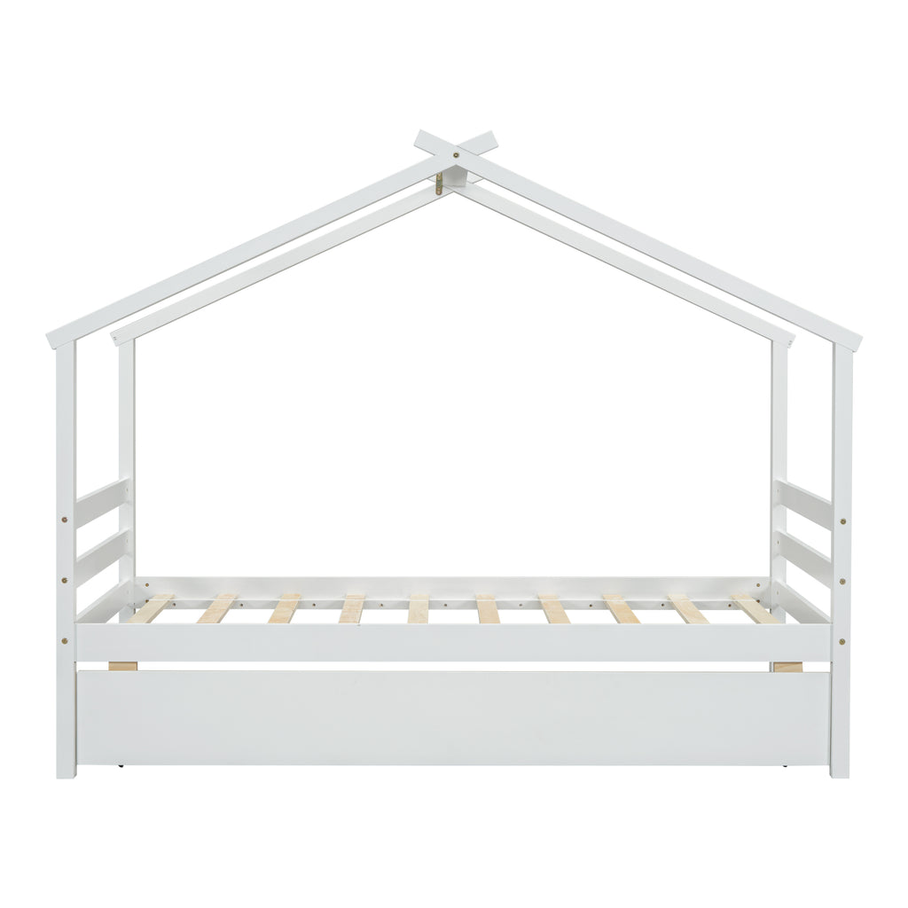 Leoglint Twin Size  House-shaped Bed Frame with Trundle,White