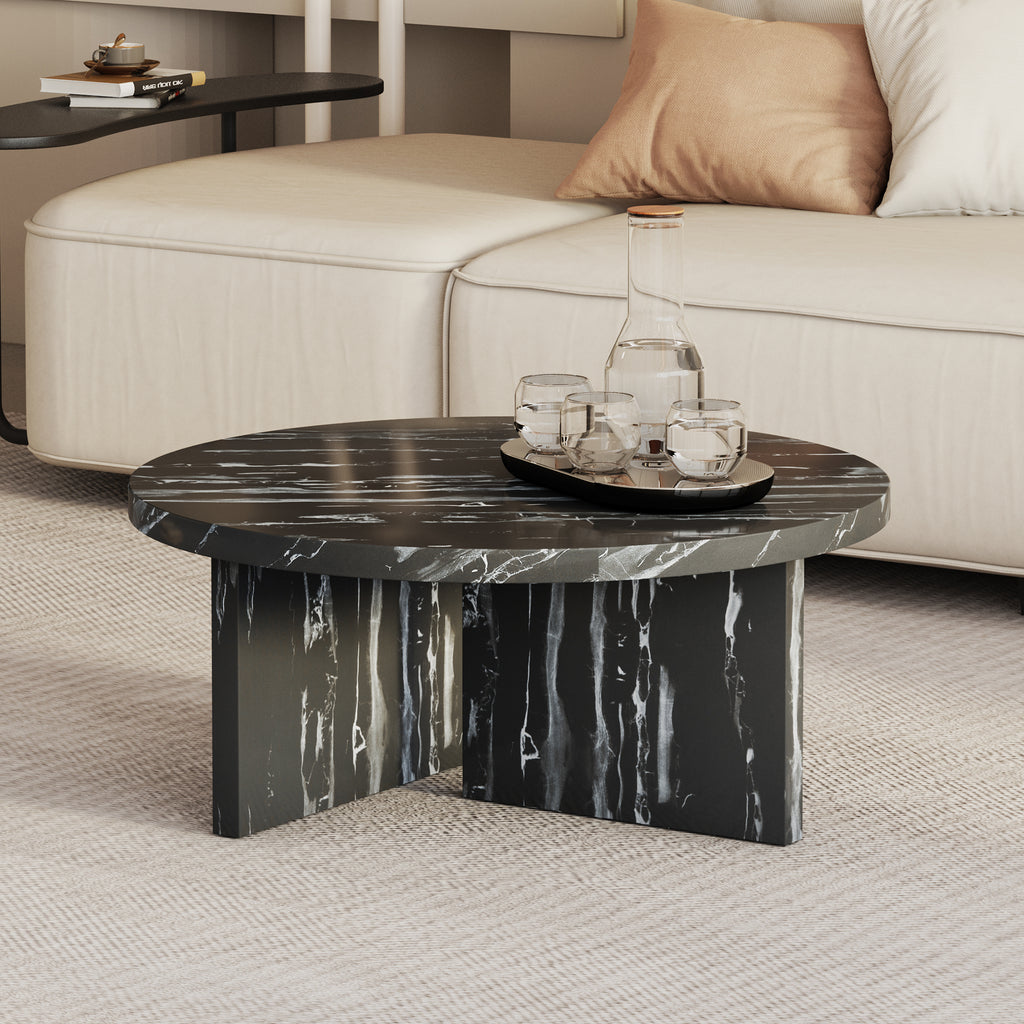 Leoglint Black MDF material circular coffee table with texture, 31.4 inch black middle table, modern tea table, suitable for small spaces, living room.