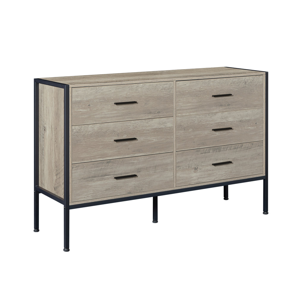 Leoglint Wood Drawer Chest Dresser with 6 Drawers, Wooden Storage Closet for Bedroom, Solid Clothes Cabinet with Sturdy Steel Frame, 48.58"W×15.75"D×31.22"H, 48 inch, Rustic Grey