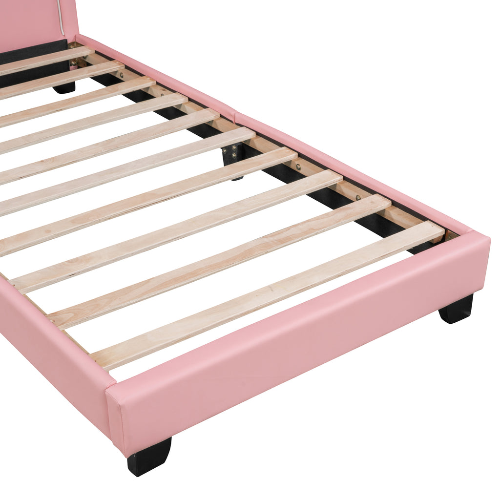 Leoglint Twin Size Upholstered Leather Platform Bed Frame with Rabbit Ornament, Pink