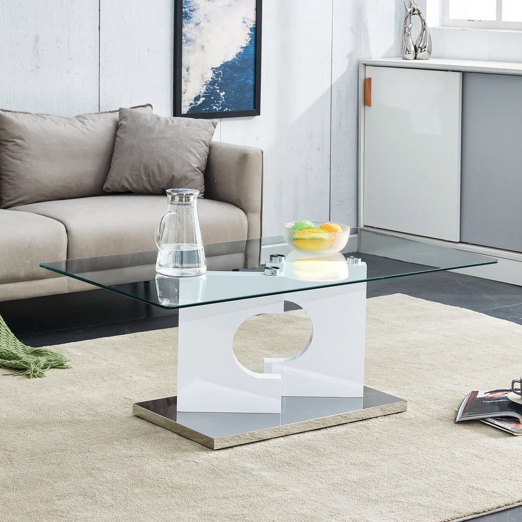 Leoglint A rectangular modern and fashionable coffee table with tempered glass tabletop and white MDF legs. Suitable for living room.47.2"*25.5"*18"