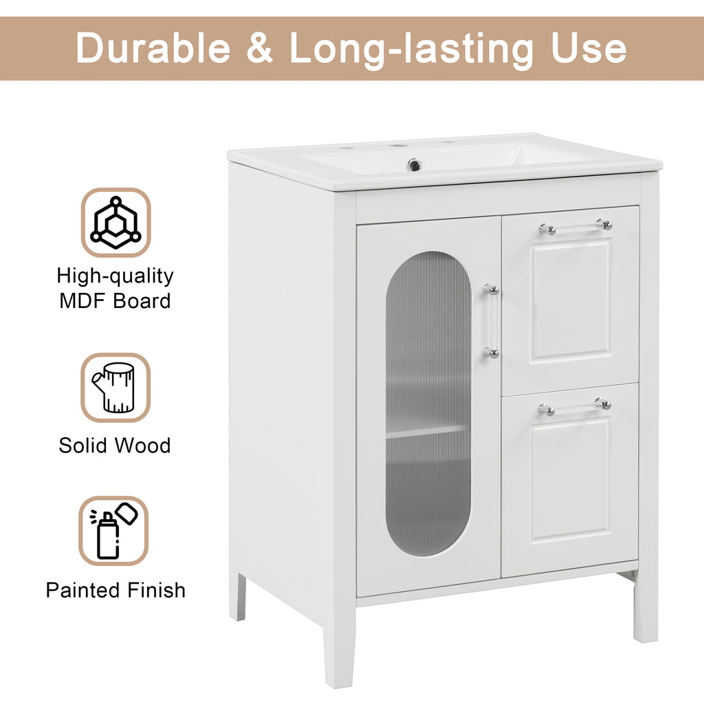 Leoglint 24" Bathroom Vanity with Sink, Bathroom Vanity Cabinet with Two Drawers and Door, Adjustable Shelf, Solid Wood and MDF, White