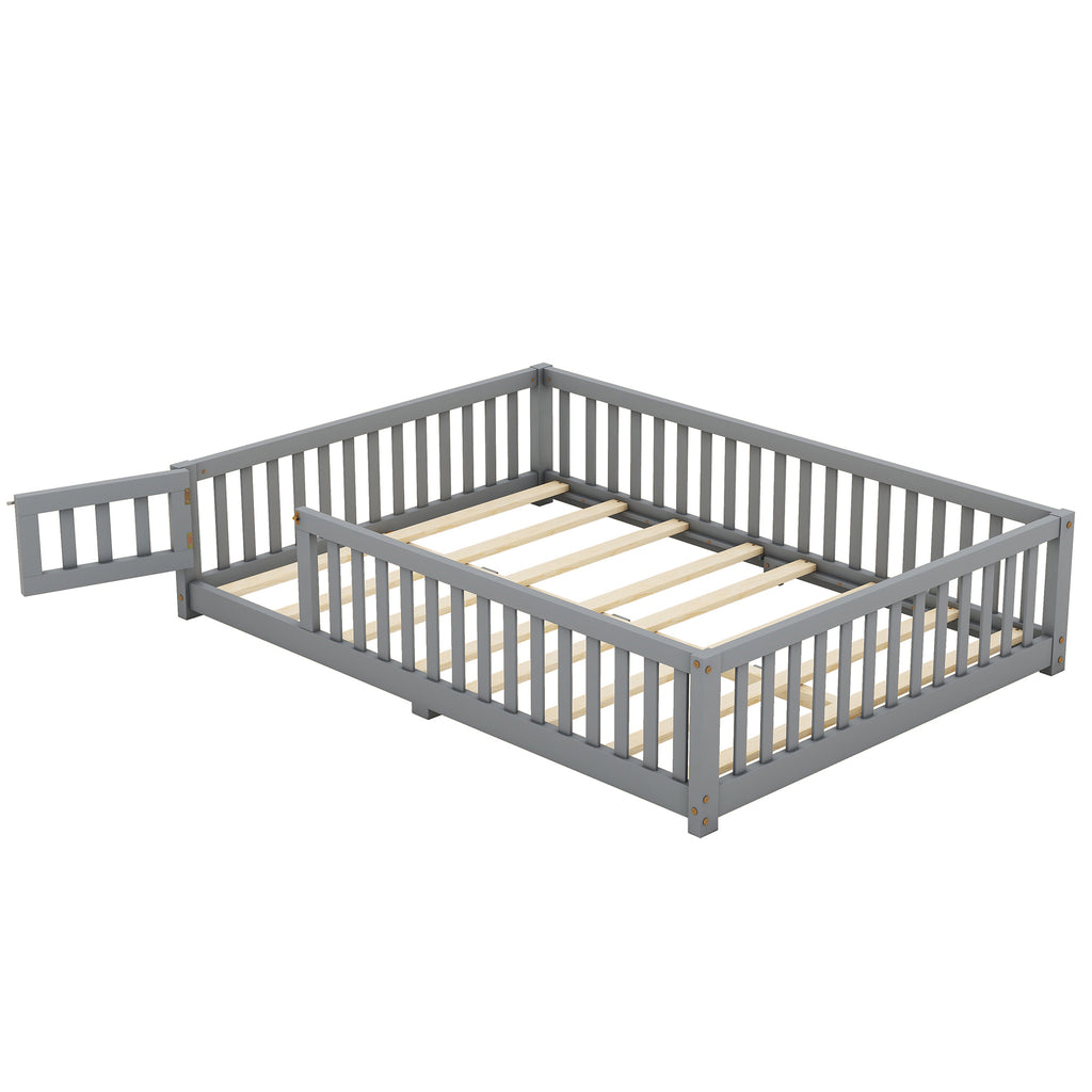 Leoglint Full Size Bed Floor Bed Frame with Safety Guardrails and Door for Kids, Gray(Old SKU: W158090691)